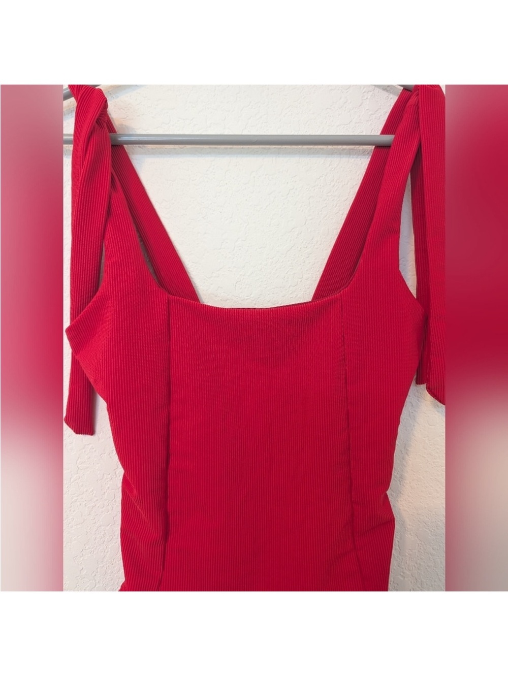 Beach Riot Red Ribbed Tie Shoulder Square Neck Cheeky One-Piece Sydney Swimsuit - Picture 6 of 6